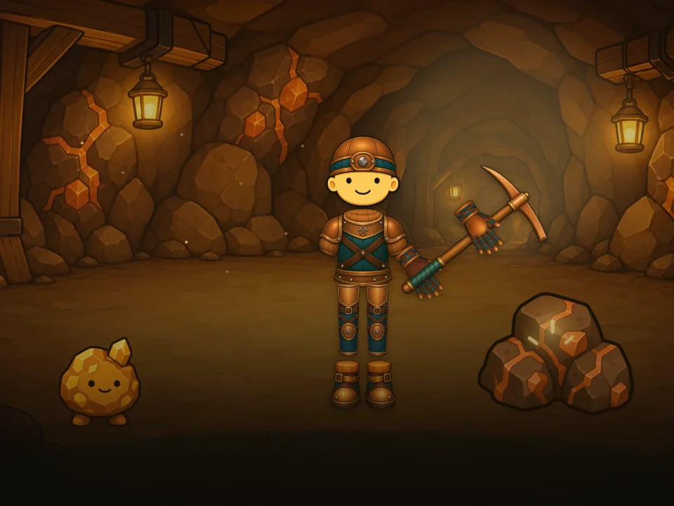 A miner in full copper gear swings a pickaxe toward a copper vein while Nugget, the ore companion, watches in a lantern-lit mine.