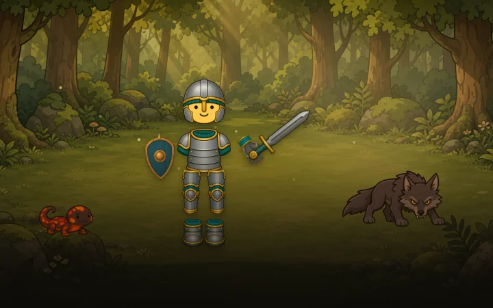 A knight in steel armor faces a snarling forest wolf, sword raised and shield ready, with the salamander companion Cinder nearby.